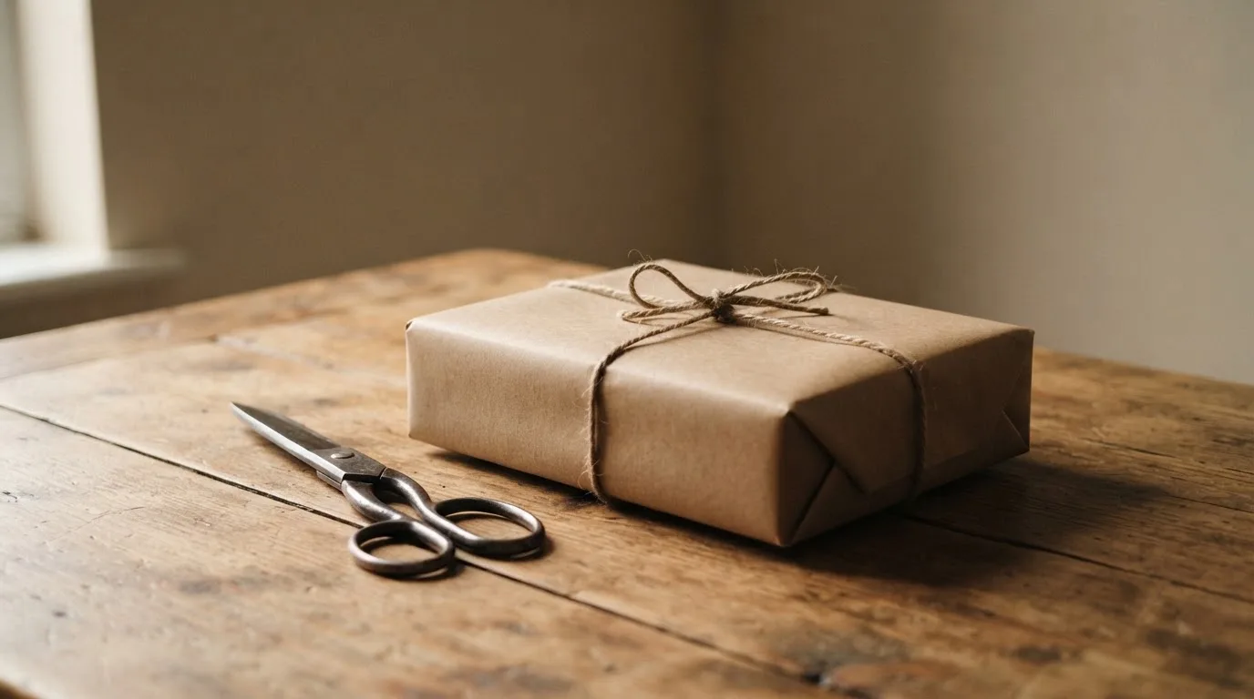 Ein Paket in Packpapier mit Schnur liegt auf einem Holztisch, daneben eine Schere im Tageslicht