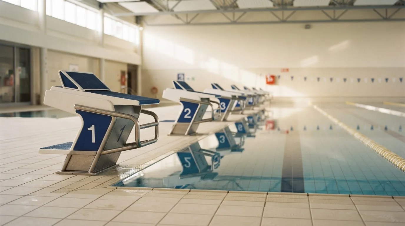 Eine Reihe leerer Startblöcke an einem Schwimmbecken, ruhiges Wasser, helles Hallenlicht