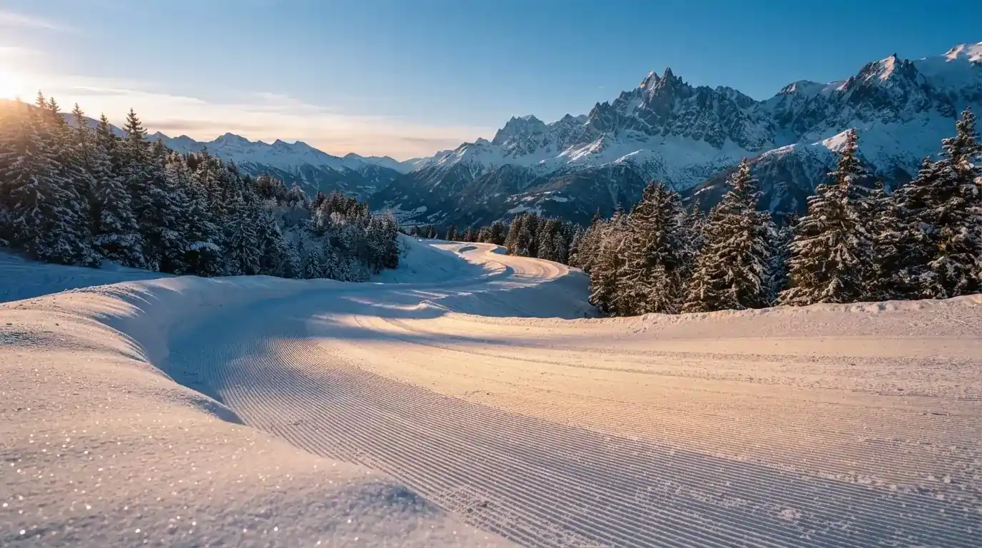 Eine frisch präparierte Skipiste in den Alpen im Morgenlicht, Spuren der Pistenraupe ziehen sich durch den Schnee